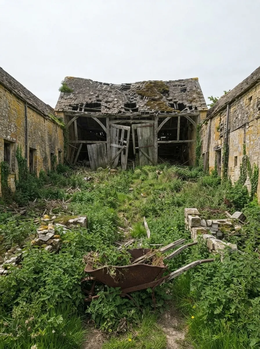 Before (AI concept): Ground-level view up an overgrown yard to a stone barn with a broken, mossy roof, an exposed timber frame and sagging plank doors, with a rusty wheelbarrow and piles of stone in the foreground.