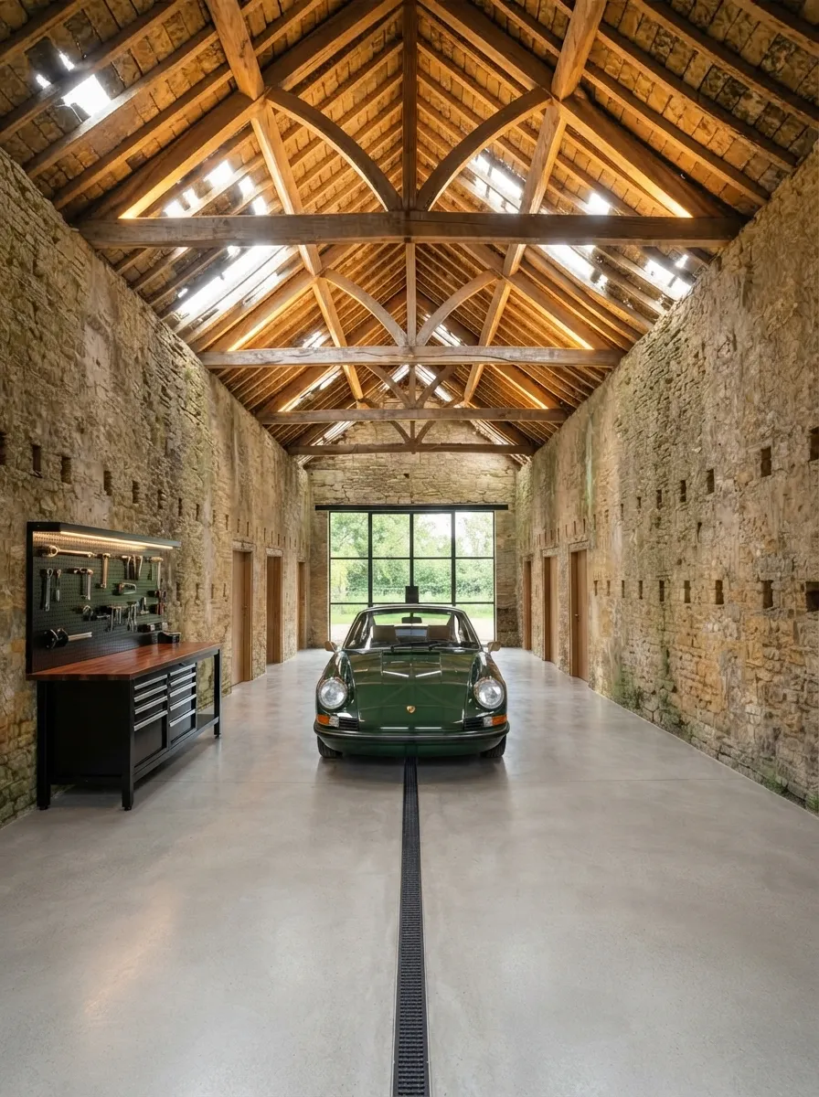 After (AI concept): The same barn with a smooth grey concrete floor and a central drainage channel, a steel-framed glass wall at the far end, a workbench with a tool wall on the left, and a classic green sports car parked in the middle.