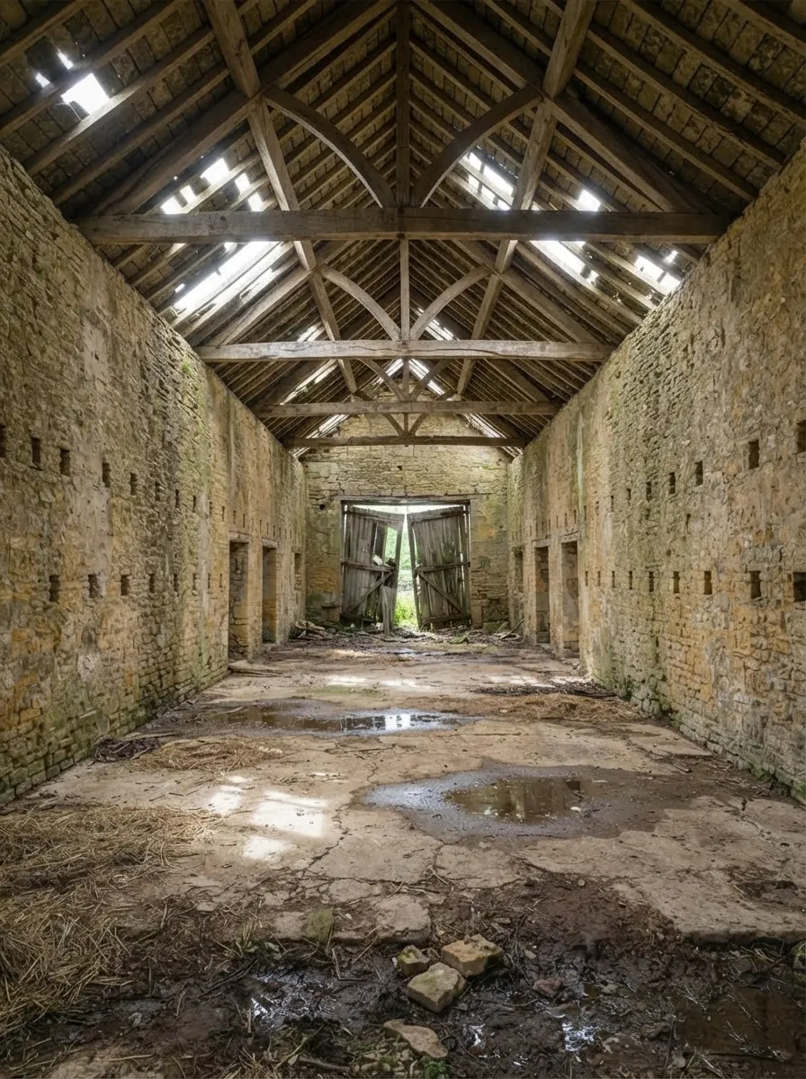 Before (AI concept): Long empty barn with stone walls pierced by rows of small slits, oak roof trusses with light showing through missing tiles, a cracked floor with puddles and straw, and broken doors at the far end.