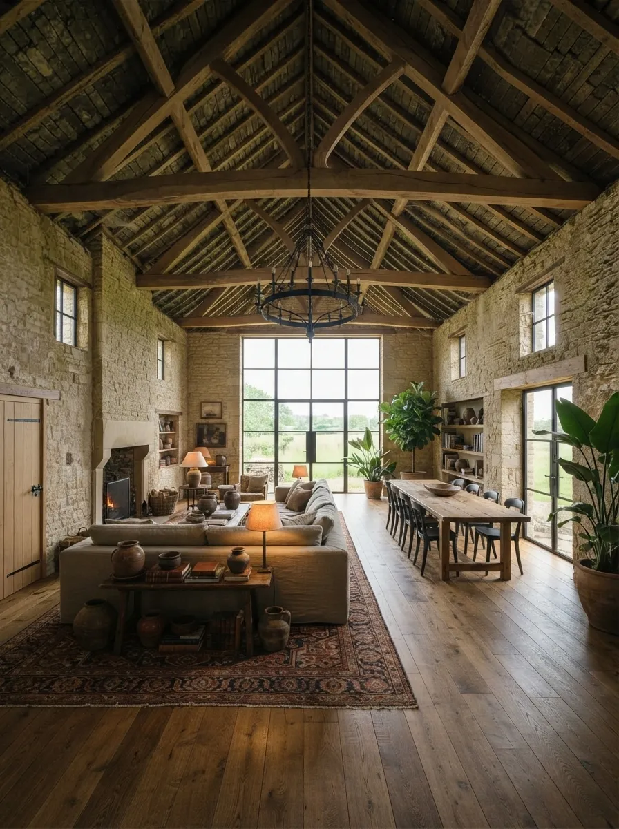 After (AI concept): An open-plan living and dining room under oak trusses, with a stone fireplace and wood-burning stove, a full-height steel-framed window, an iron ring chandelier, a linen sofa on a patterned rug, a long wooden table with black chairs and wide oak floorboards.