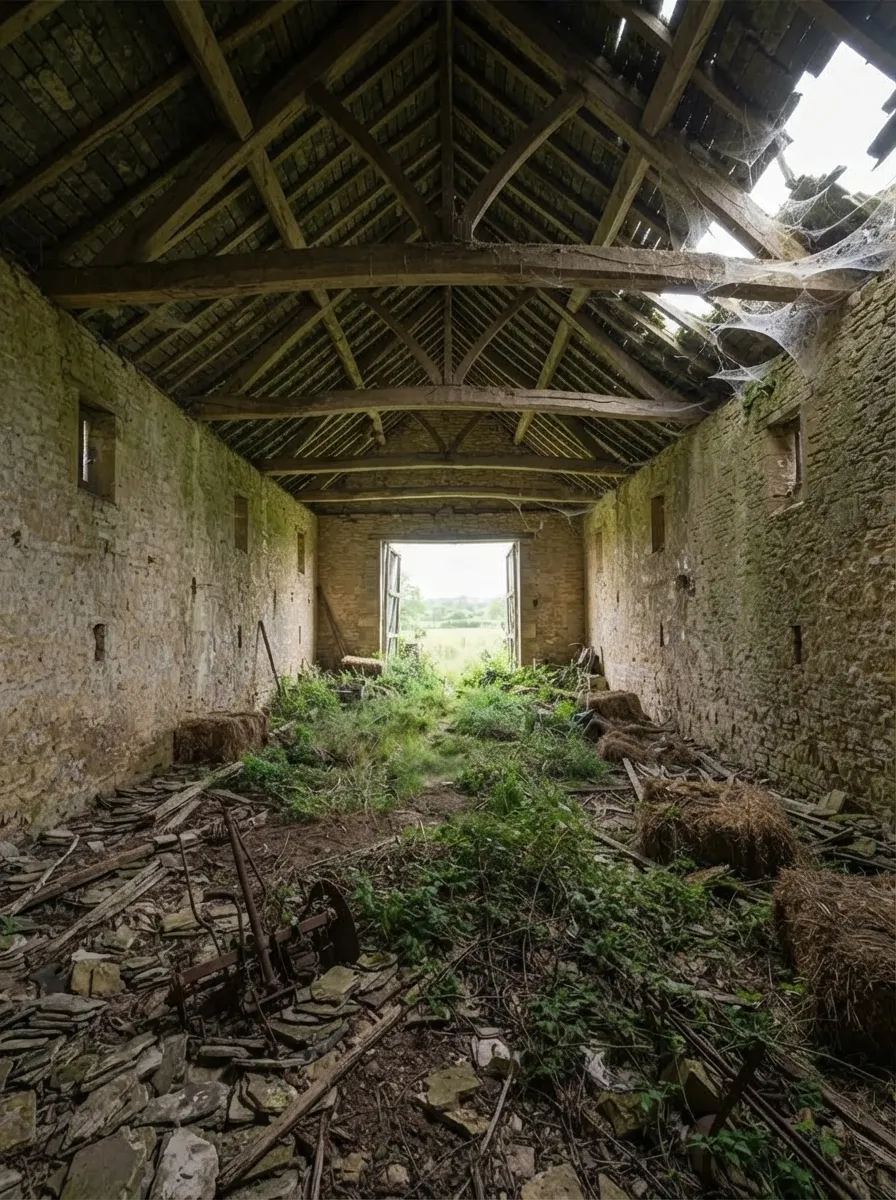 Before (AI concept): Barn interior with oak trusses hung with cobwebs, a partly collapsed roof on the right, an open doorway onto fields at the far end, and a floor covered in fallen slates, weeds, straw bales and a rusty farm tool.