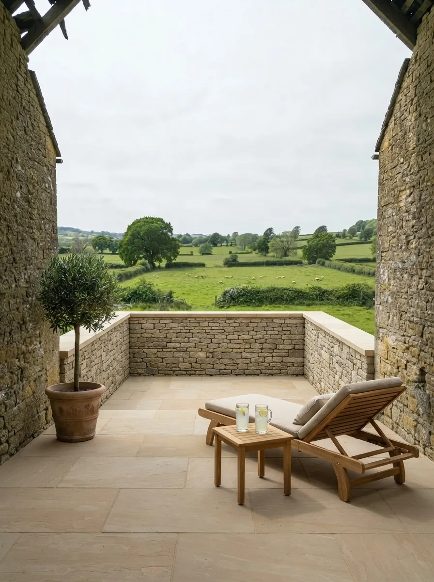 After (AI concept): The same view between the same gables, now from a sandstone-paved terrace behind a rebuilt dry-stone wall with a stone coping, with a teak lounger, a small table with two glasses of lemonade and an olive tree in a terracotta pot.