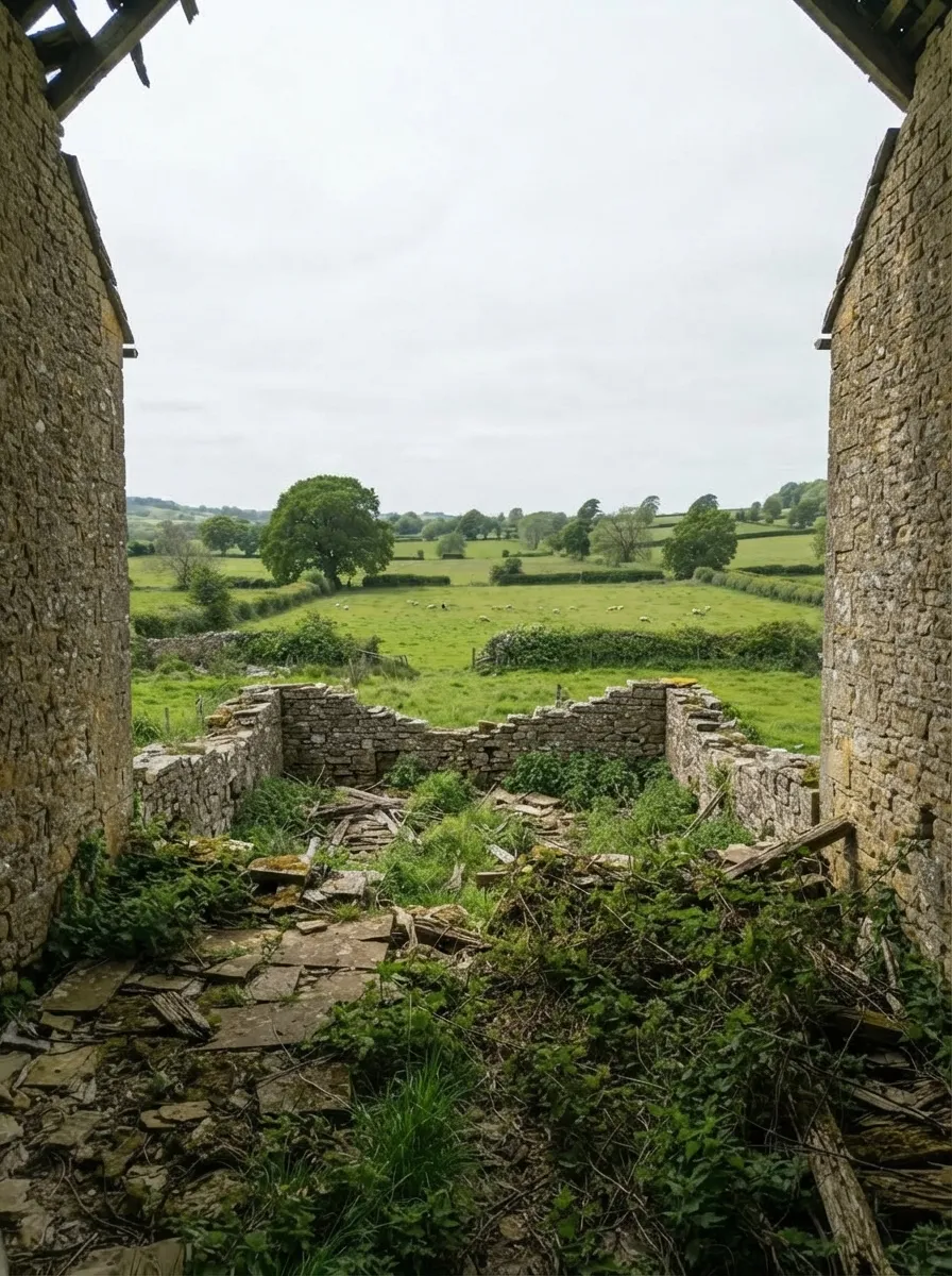 Before (AI concept): View out between two stone gables over a half-collapsed low wall, rubble, broken roof slates and weeds, to hedged fields with sheep and a large tree.