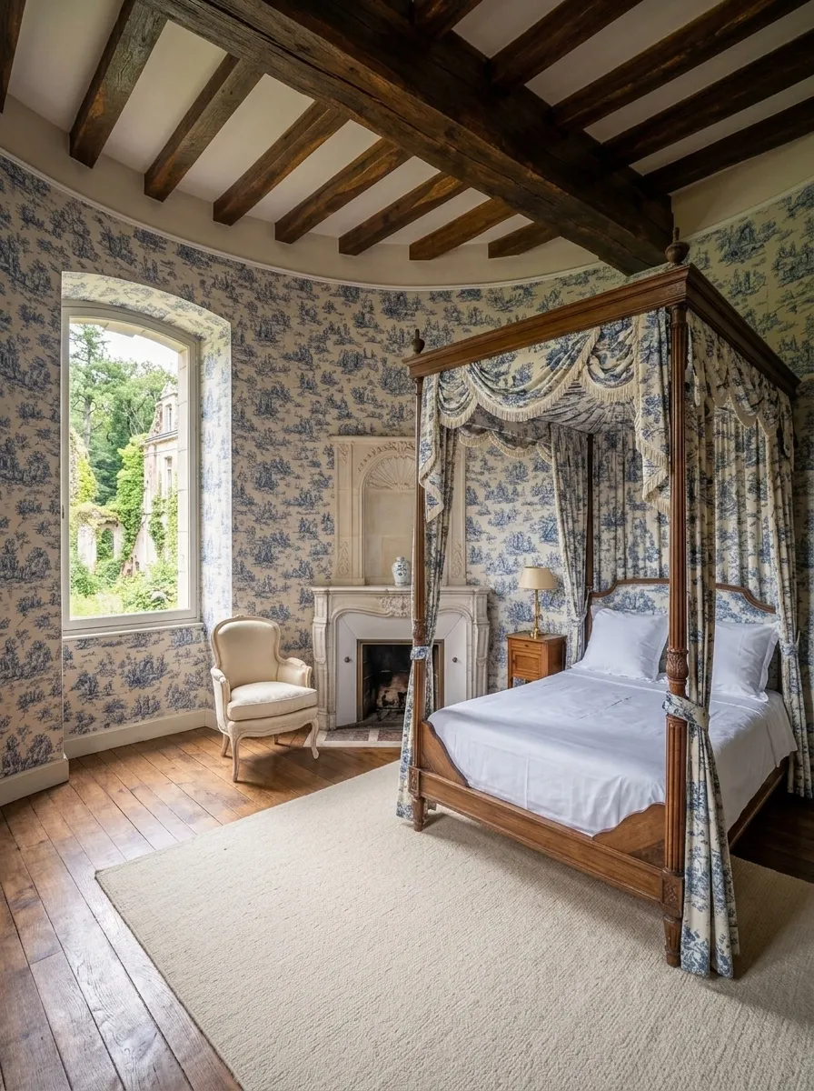 After (AI concept): The same tower room with fresh blue toile de Jouy on the curved walls, the beams oiled, the same fireplace and window, a restored four-poster bed with white linen and toile curtains, a cream armchair, an oak bedside table with a lamp and a wool rug on oak floorboards.