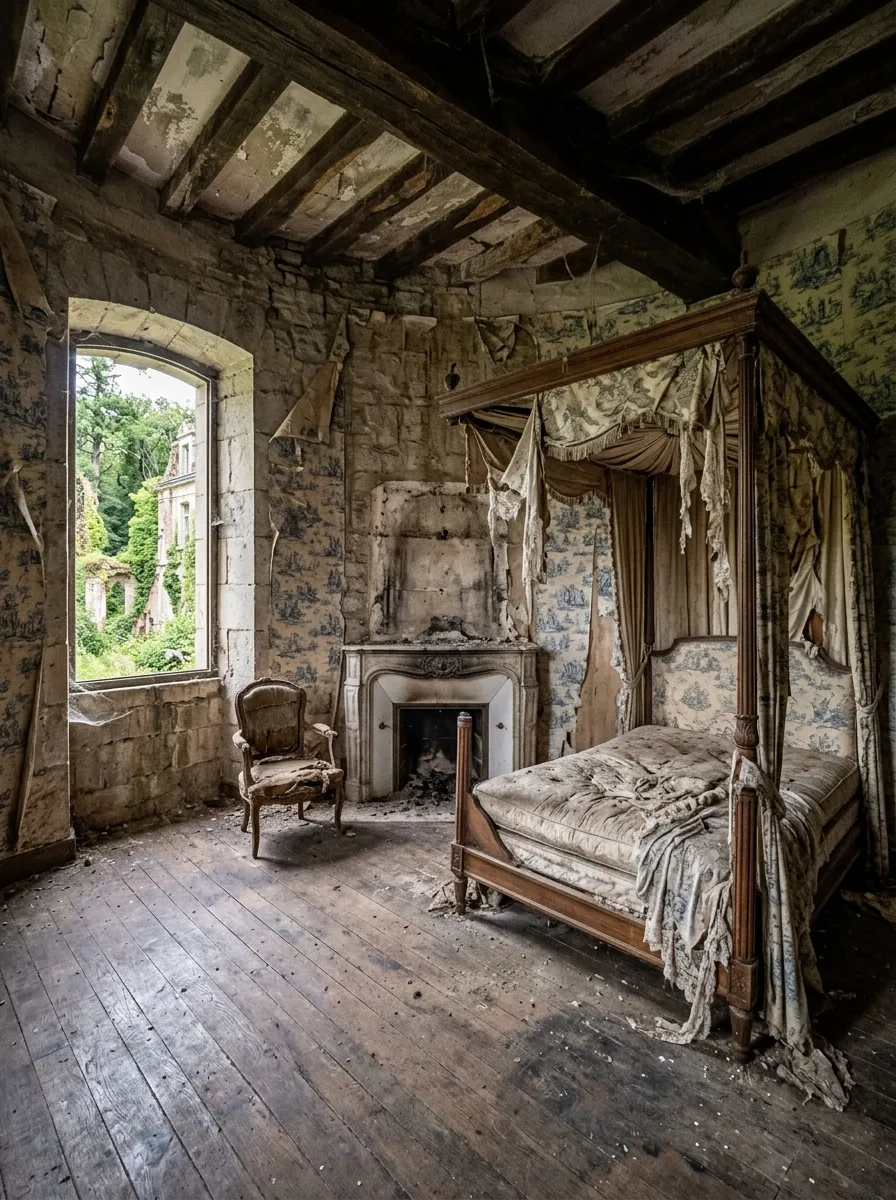 Before (AI concept): A bedroom in a round tower: curved stone walls with peeling blue toile de Jouy, a small stone fireplace, a deep window onto an overgrown park, a collapsed four-poster bed with torn fabric, exposed beams and dusty oak floorboards.