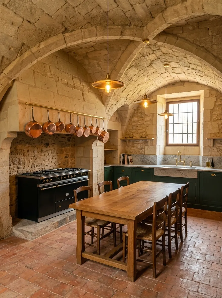 After (AI concept): The same vaulted kitchen with the stone cleaned to a warm honey tone, a black range cooker set into the old hearth, polished copper pans on a rail, deep green cabinets with a marble worktop, a long oak table with rush chairs under brass pendant lights, and a restored terracotta floor.