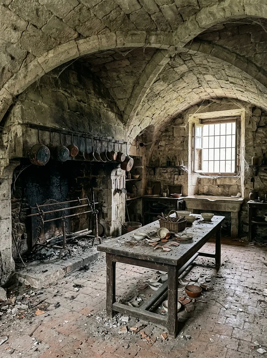 Before (AI concept): A vaulted stone kitchen in the basement: a huge blackened hearth, rusty copper pans on the wall, a long scarred table with broken crockery, a stone sink under a small barred window, and a cracked terracotta floor covered in debris.