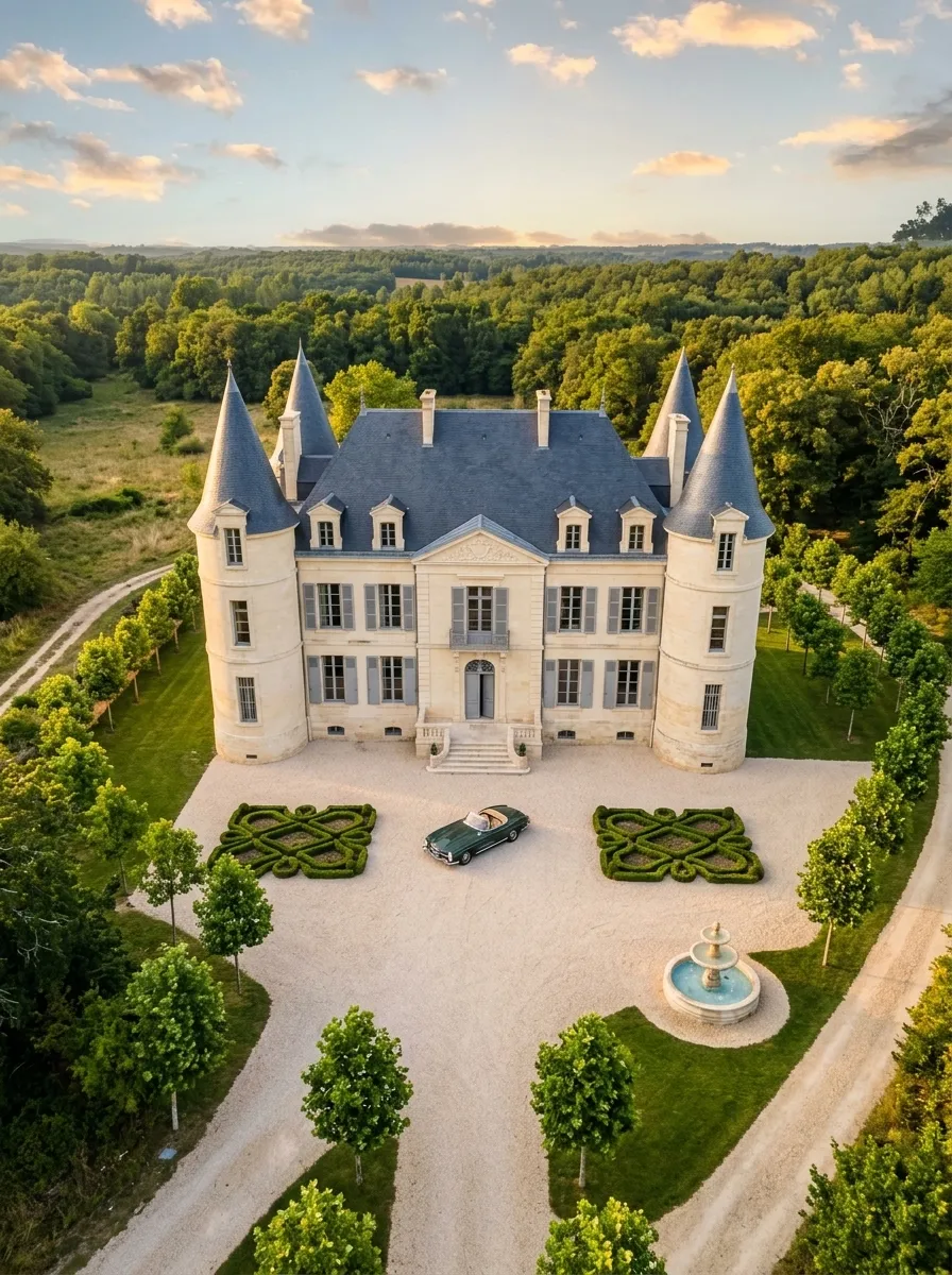 After (AI concept): The same château from the same height with its slate roofs and towers repaired, the limestone cleaned to cream, grey shutters, a pale gravel courtyard with clipped box parterres, a round stone fountain and a dark green vintage car, and the same track lined with young trees.