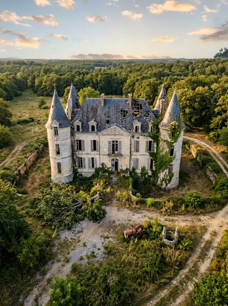 Before (AI concept): Aerial view at sunset of a limestone château with two round towers and conical slate roofs, the main roof full of holes, ivy on the walls, broken windows, and an overgrown courtyard of rubble, weeds and a rusted tractor, with a dirt track curving through fields and forest.
