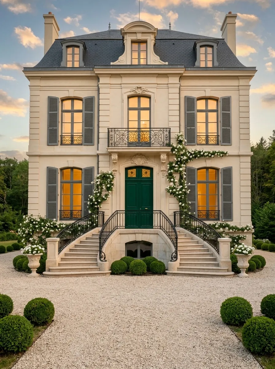 After (AI concept): The same facade at golden hour: stone cleaned, every window glazed and lit behind grey shutters, the iron balcony and railings in black, a deep green double door, white climbing roses, and a pale gravel forecourt with clipped box balls along the same double staircase.