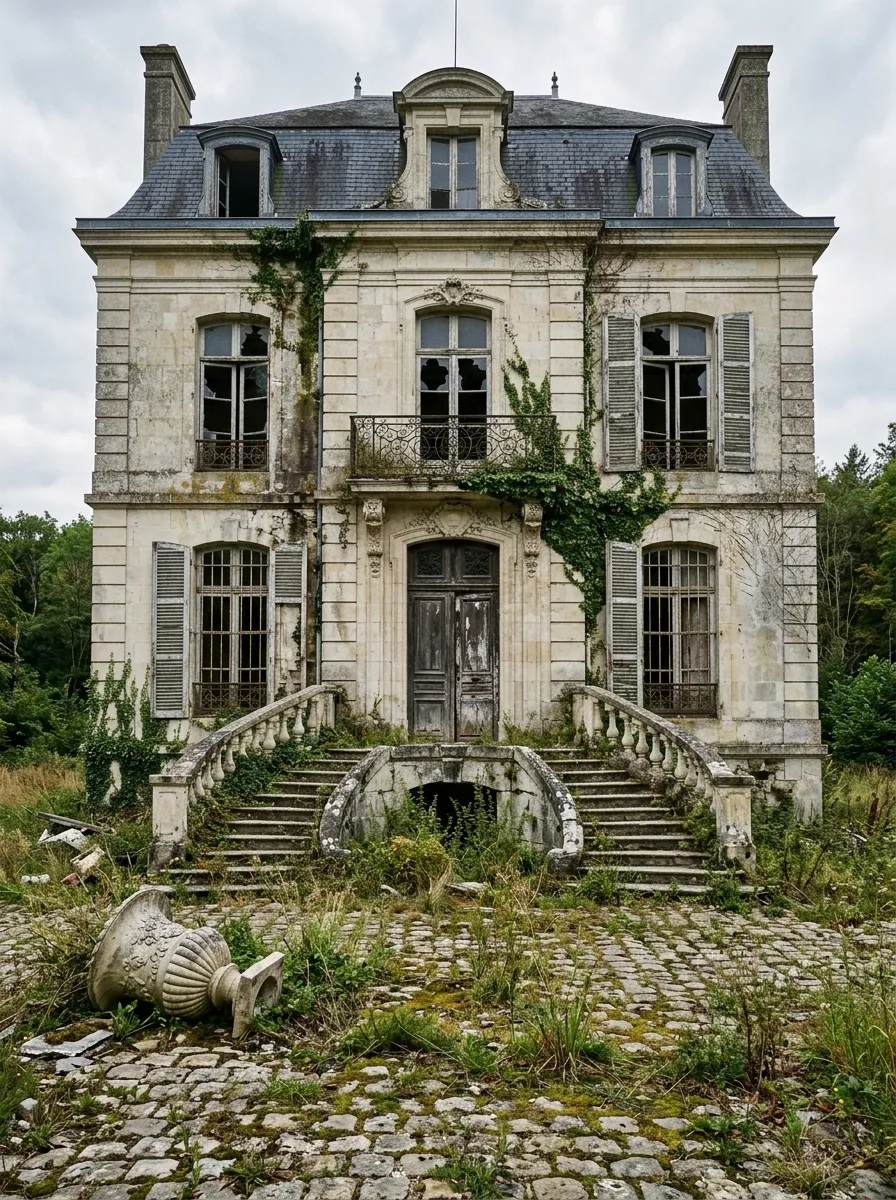 Before (AI concept): The front of an abandoned château: cream limestone stained black, a slate mansard roof, broken windows with grey shutters hanging loose, an iron balcony, a weathered double door at the top of a curved double staircase, ivy, and a cobbled forecourt full of weeds with a toppled stone urn.