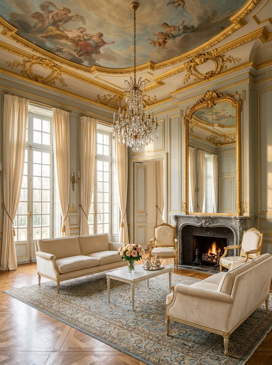 After (AI concept): The same salon with the painted ceiling and gilded cornices restored, the crystal chandelier hanging again, a fire in the marble fireplace under the same mirror, ivory curtains, cream sofas and gilded armchairs around a low table, and a large antique rug on restored Versailles parquet.