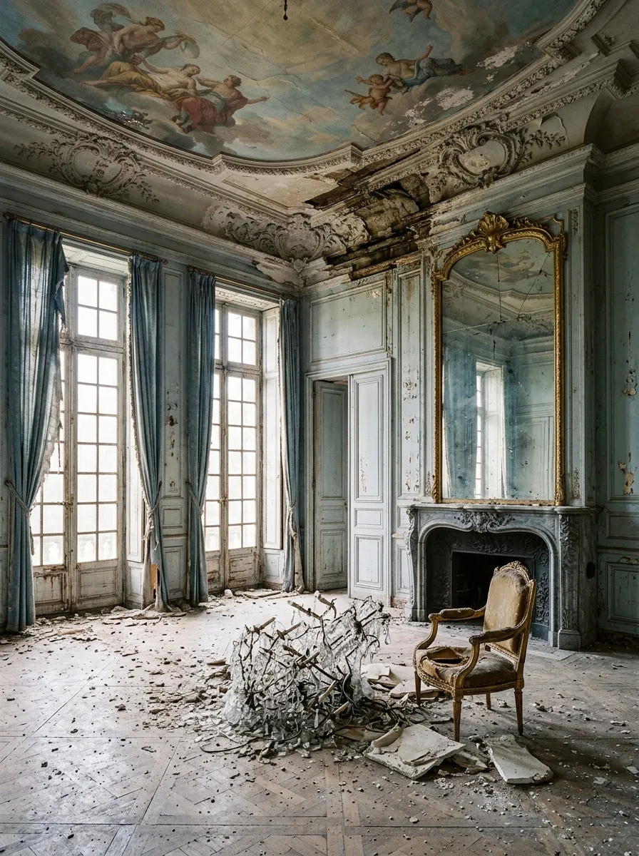 Before (AI concept): A grand salon with a faded painted ceiling, fallen plaster cornices, a grey marble fireplace under a tall gilded mirror, pale blue boiserie, three tall French windows with torn curtains, a fallen crystal chandelier and a broken gilded armchair on dusty Versailles parquet.