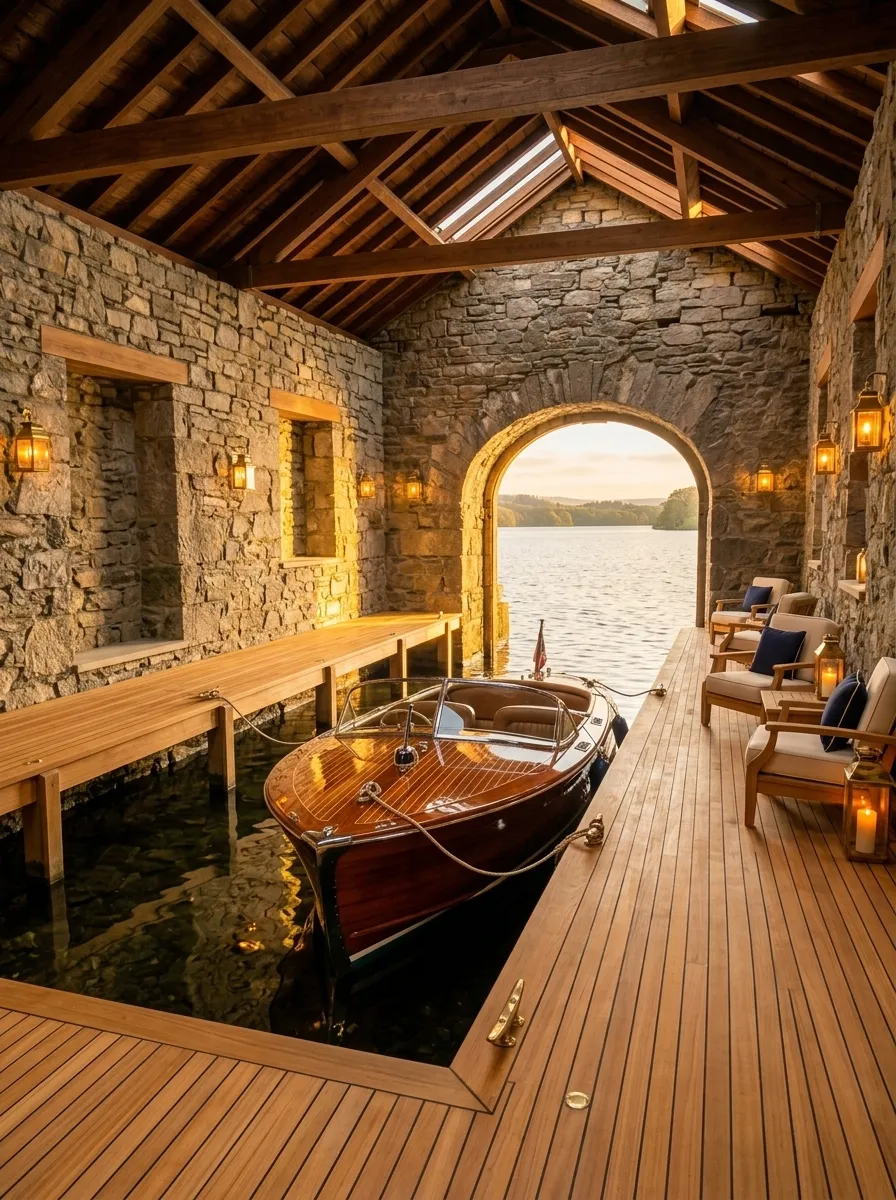 After (AI concept): The same boathouse with clean stone walls, brass lanterns, a teak deck, a varnished wooden speedboat moored in the slip and armchairs with navy cushions facing the lake arch.