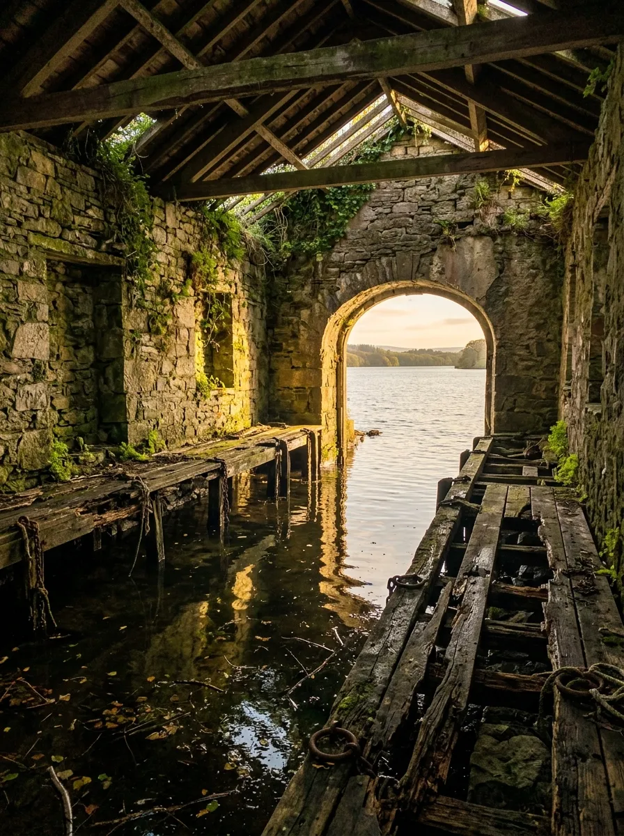 Before (AI concept): The inside of a stone boathouse with a wooden roof frame and moss on the walls, a stone arch opening onto the lake and a rotten timber jetty over dark water.
