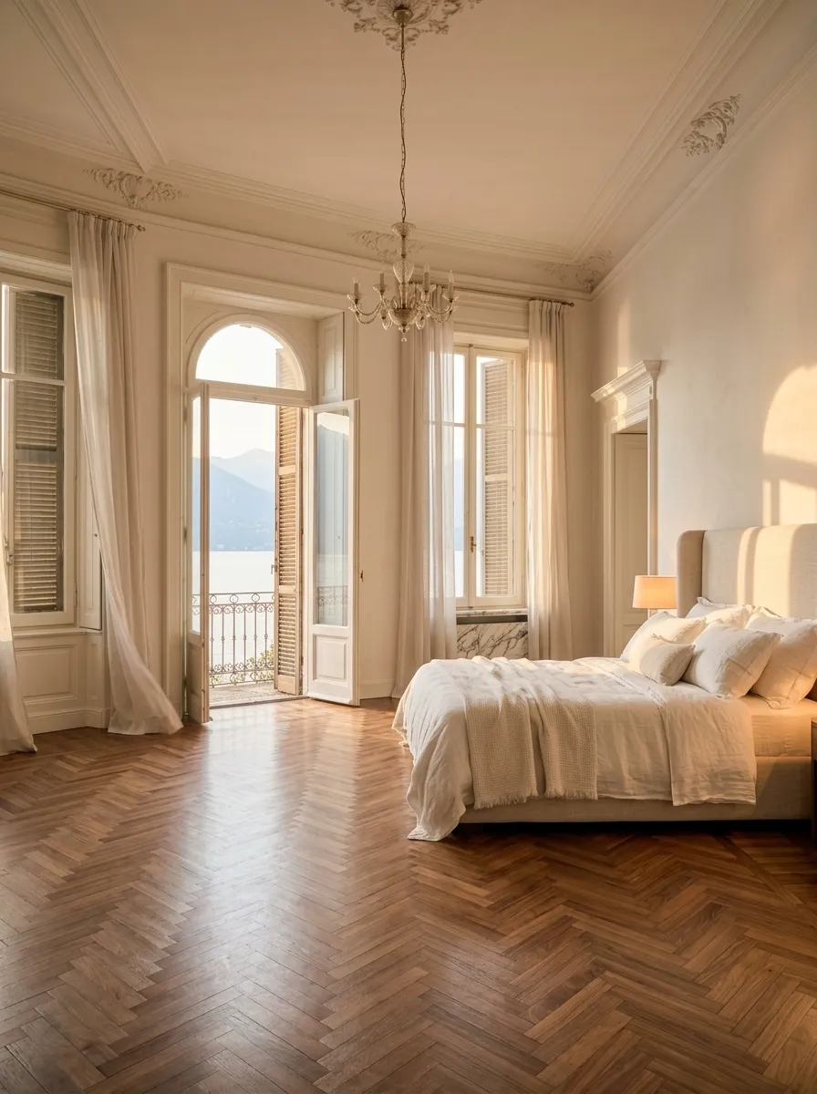 After (AI concept): The same room with clean white walls, polished herringbone parquet, sheer white curtains, a crystal chandelier and a king bed with white linen and a table lamp beside the open balcony door.