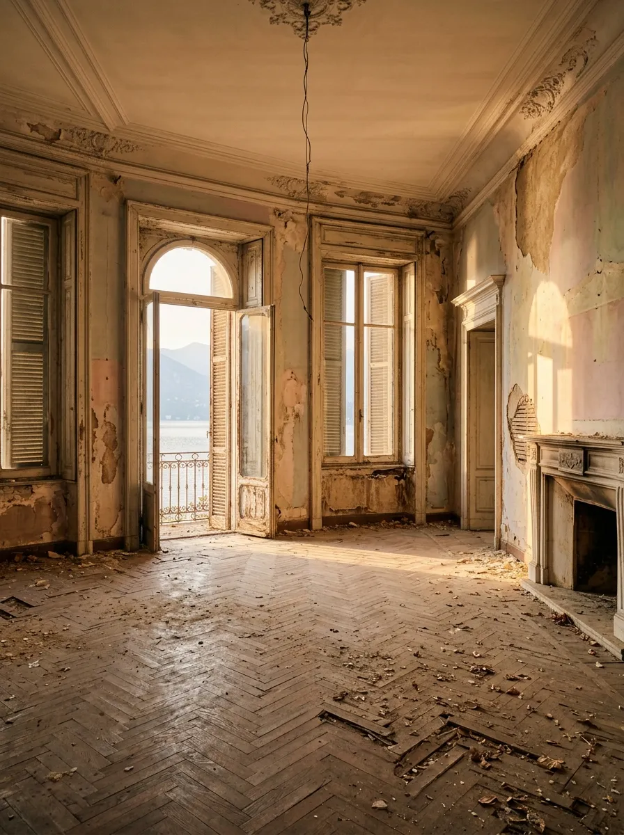 Before (AI concept): An empty bedroom with peeling pale plaster, shuttered tall windows, an open balcony door onto the lake and a dusty herringbone parquet floor with fallen plaster, a dangling ceiling wire and a stone fireplace.