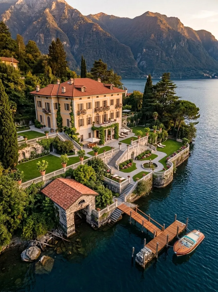 After (AI concept): The same villa from the same height with a complete terracotta roof, trimmed lawns and stone balustrades, a fountain, small tables with parasols, a boathouse with a new tiled roof, a wooden jetty and a small wooden boat on the lake.