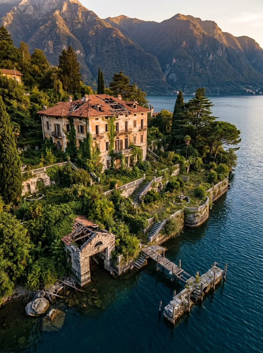 Before (AI concept): Aerial view of an ochre lakeside villa with a collapsed terracotta roof, overgrown stone terraces and stairs, tall cypress trees, a small stone boathouse with a fallen roof and a broken wooden jetty on a deep blue lake with mountains behind.