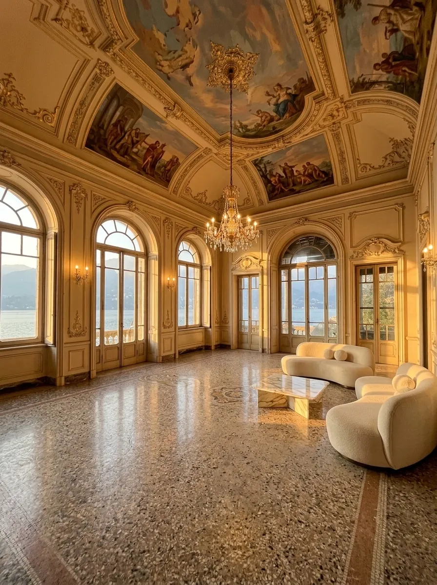 After (AI concept): The same salon with restored ceiling paintings and gilding, a crystal chandelier, polished terrazzo, two curved cream sofas and a marble coffee table by the arched windows, warm light on the walls.