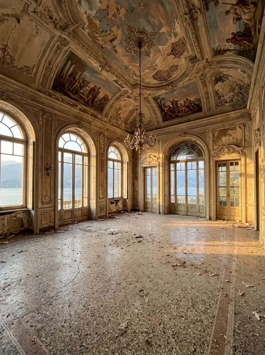 Before (AI concept): A tall salon with a painted ceiling in gilded frames, faded walls, tall arched windows and glass doors facing the lake, and a cracked, dusty terrazzo floor with fallen plaster.