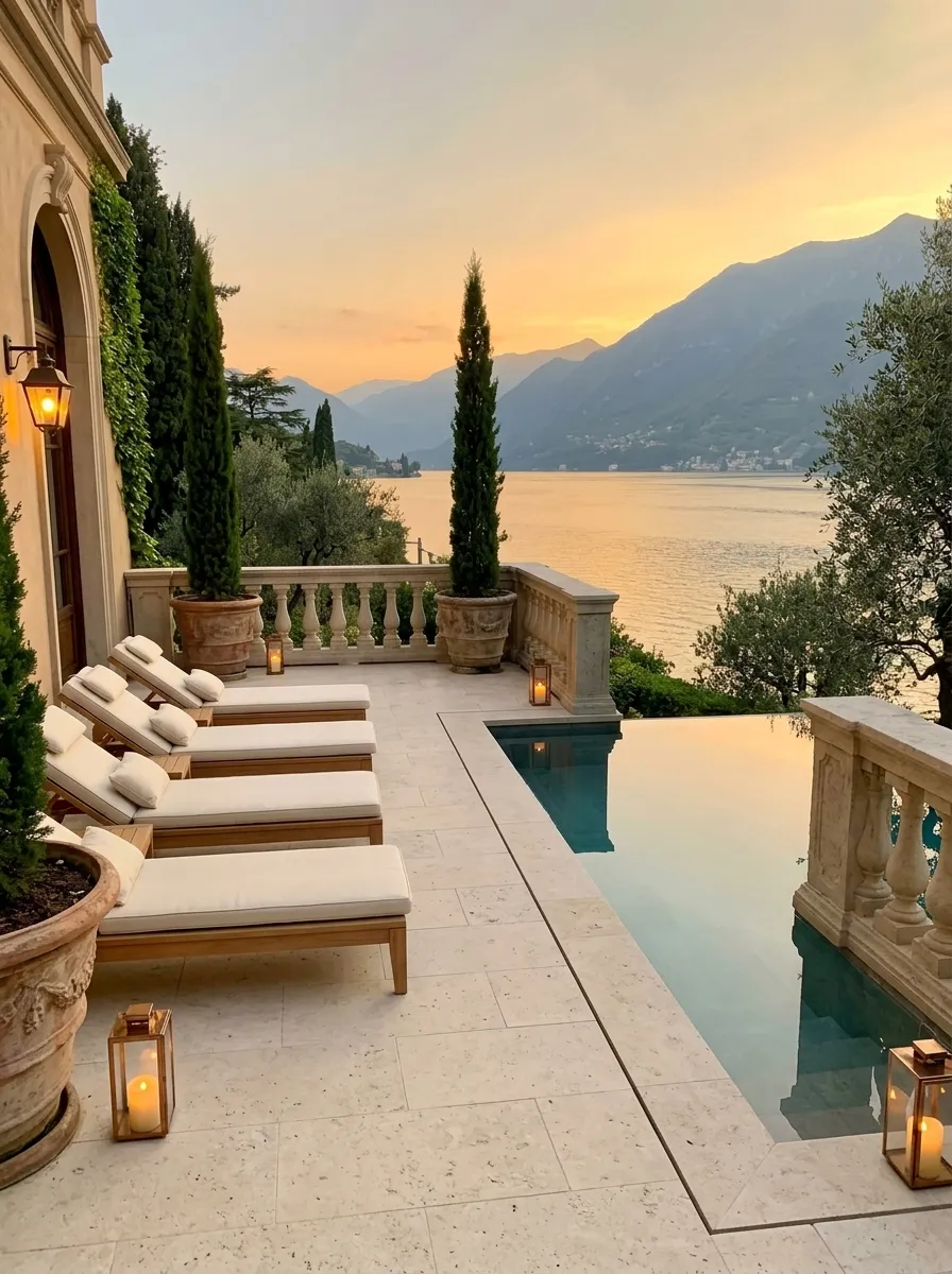 After (AI concept): The same terrace with clean pale paving, a restored balustrade, an infinity pool at the edge, four cushioned teak loungers, tall cypress in stone pots and glowing lanterns.