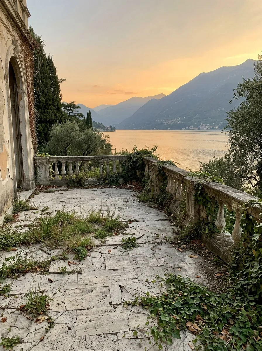 Before (AI concept): A cracked stone terrace at sunset with weeds in the paving, a stone balustrade covered in ivy, a worn stone wall on the left and a view of the lake and mountains.