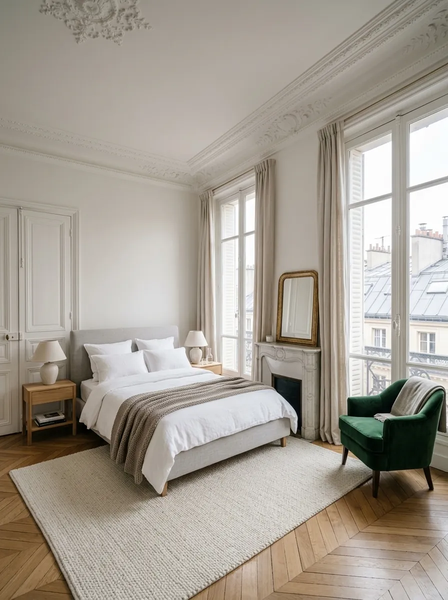 After (AI concept): The same room with white walls and cornices, the marble fireplace and a gilded mirror, the same door and the same two windows onto the rooftops with linen curtains, an upholstered bed with white linen and a knitted throw, an oak bedside table with a lamp, a green velvet armchair and a wool rug on herringbone oak.