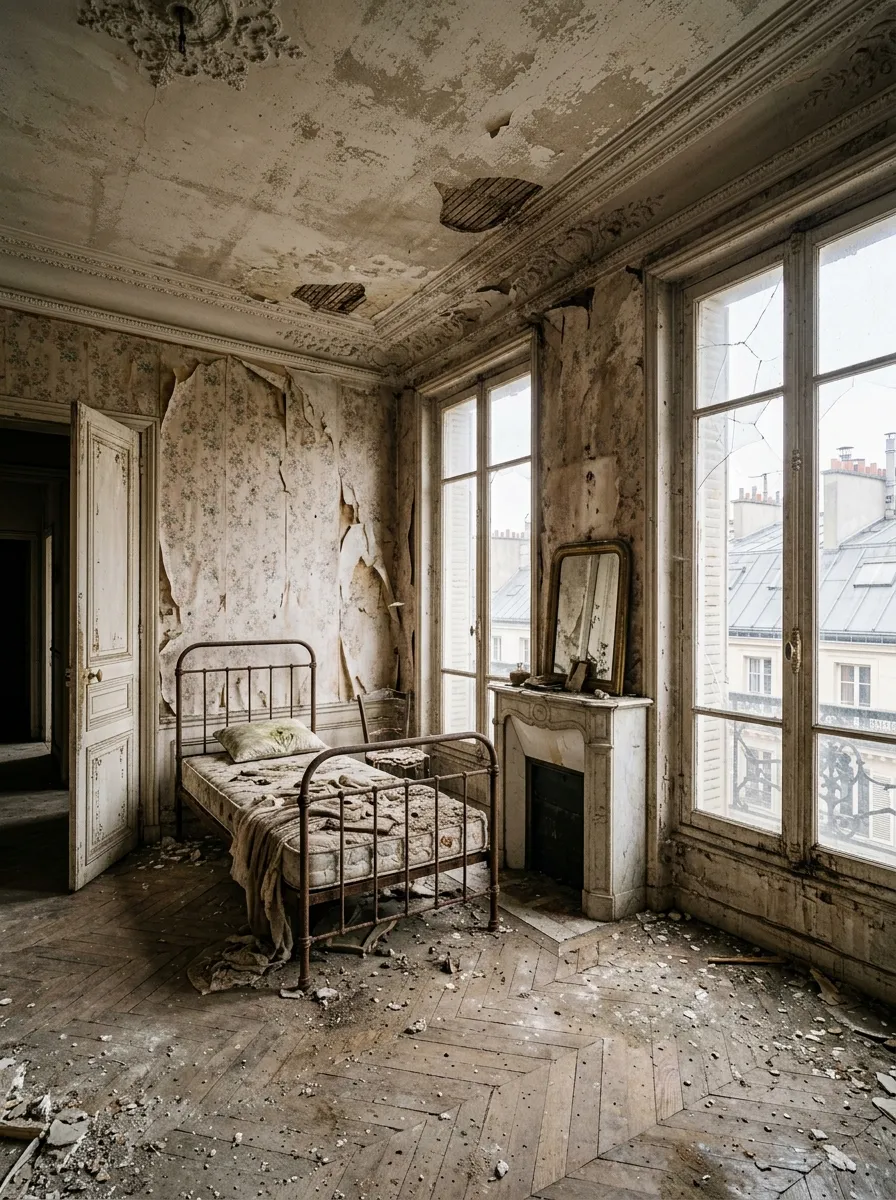 Before (AI concept): Bedroom with peeling floral wallpaper, holes in the ceiling, a small marble fireplace with a mirror, a panelled door ajar, two tall French windows onto Paris zinc rooftops, and a rusty iron bed with a torn mattress on dusty herringbone parquet.