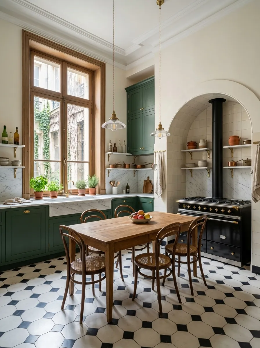 After (AI concept): The same kitchen with the window in its oak frame, a black range cooker in the white arched alcove, deep green cabinets, marble worktops and backsplash, open shelves with copper pans, herbs on the sill, glass pendant lights, and an oak table with bentwood chairs on a restored black and white tiled floor.