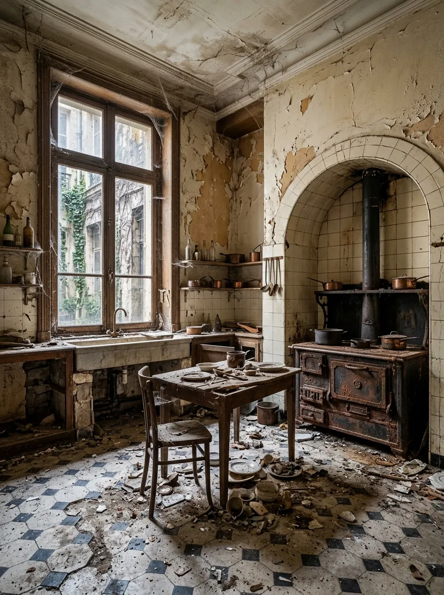 Before (AI concept): Old kitchen with a tall window onto an ivy-covered courtyard, peeling walls, a rusted cast-iron range in a tiled arched alcove, copper pans on shelves, a stone sink, and a table with broken crockery on a cracked black and white tiled floor.