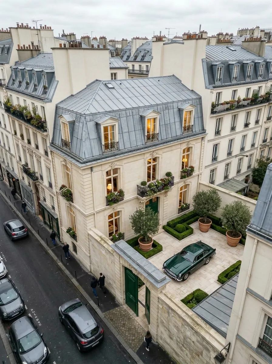 After (AI concept): The same townhouse from the same height with a complete zinc roof and dormers, cleaned limestone, flower boxes on black iron balconies, warm light in the windows, and a courtyard paved in pale stone with clipped box hedges, olive trees in terracotta pots and a green vintage sports car.