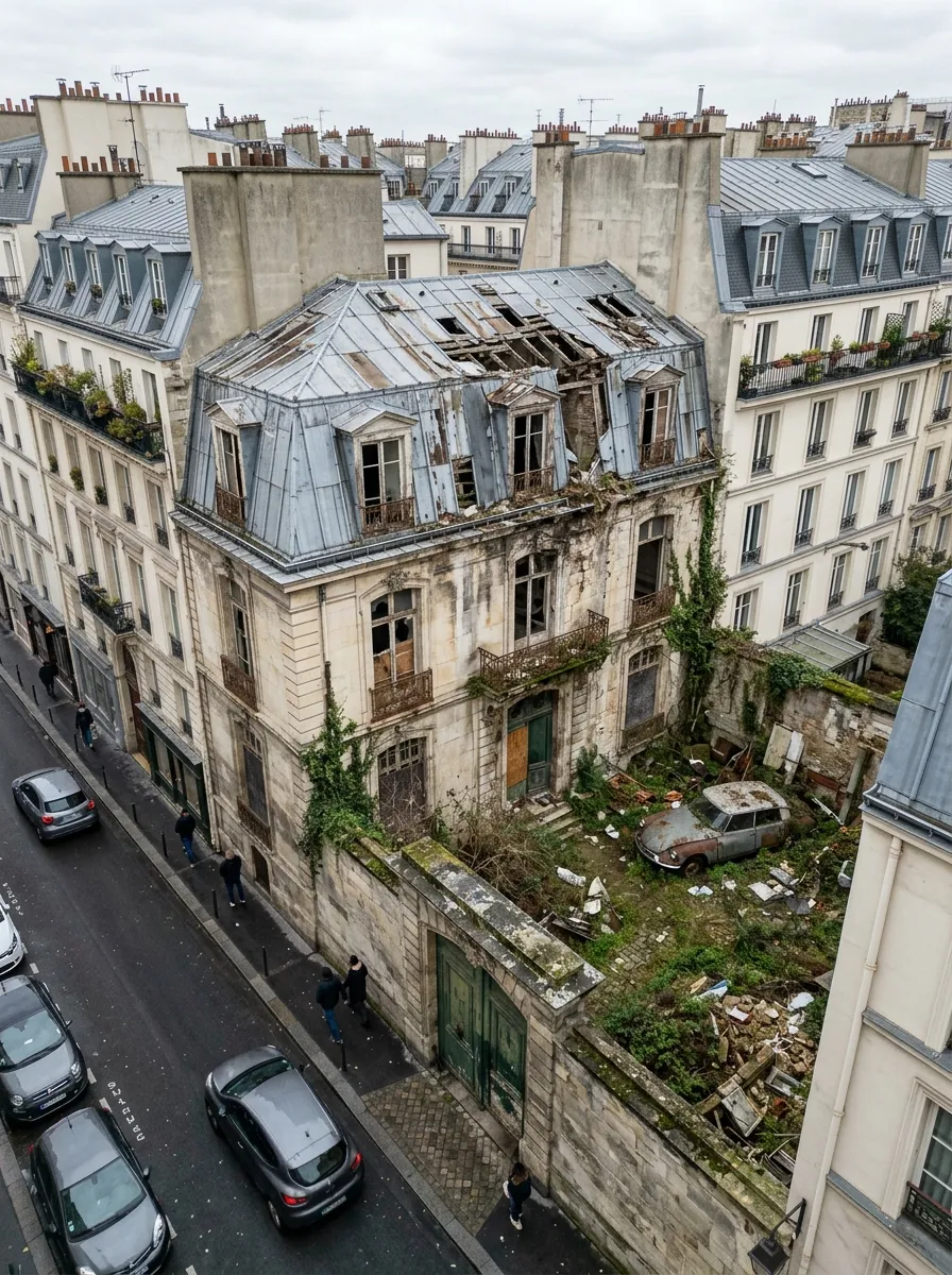 Before (AI concept): Aerial view of a four-storey limestone townhouse between Paris apartment buildings: a grey zinc mansard roof with holes and exposed rafters, broken dormers, rusty balconies, ivy on the walls, and a courtyard behind a stone wall full of weeds, rubble and a rusted old car.