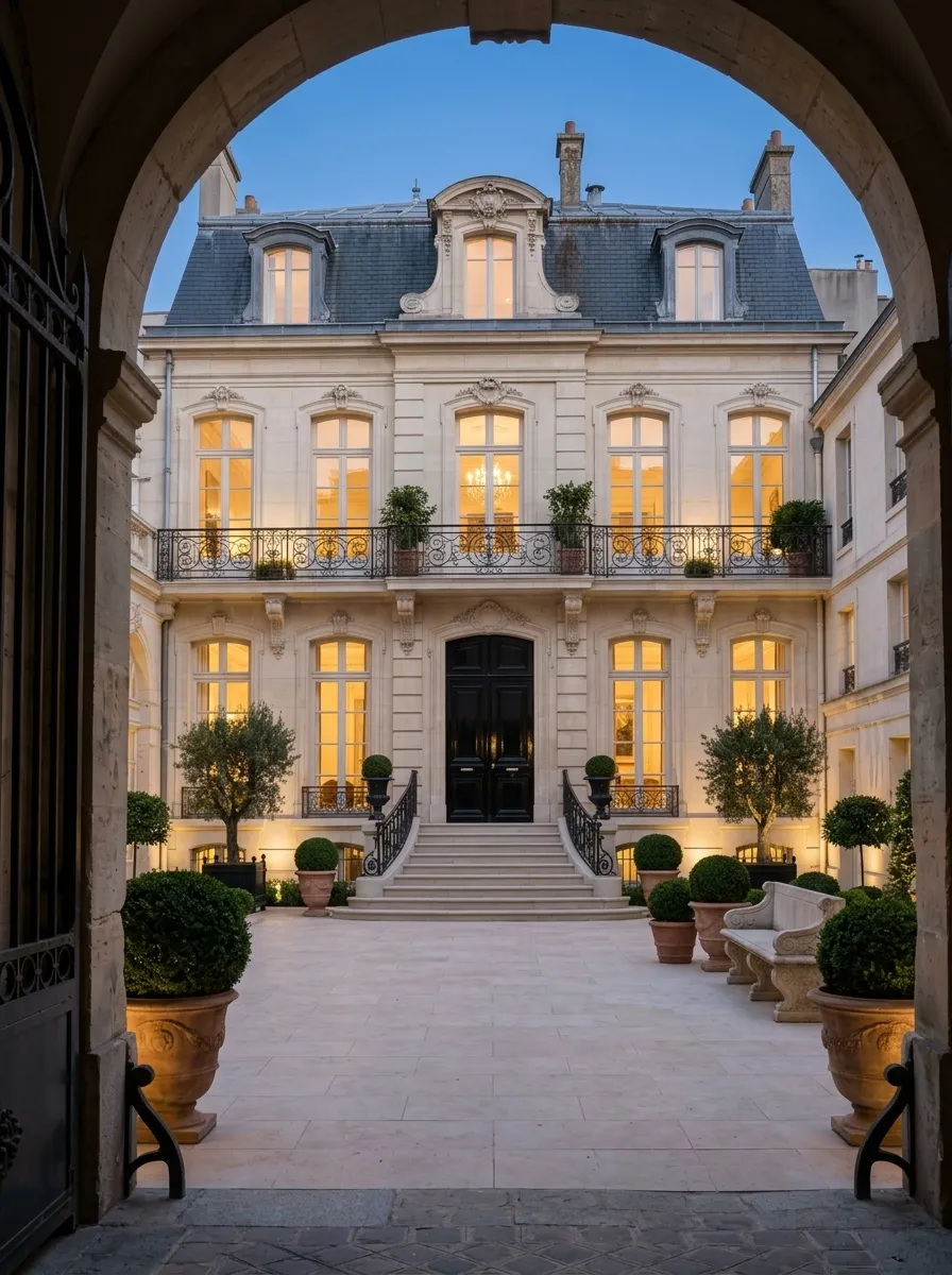 After (AI concept): The same view through the same arch at dusk: the facade cleaned, every window lit, the balcony in black iron with potted plants, black lacquered front doors, the double staircase with its iron railings, and a pale paved courtyard with box balls, olive trees in large pots and a stone bench.