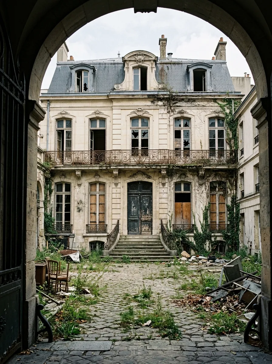 Before (AI concept): View through a stone archway with an open iron gate onto a limestone townhouse with a zinc mansard roof, broken and boarded windows, a rusty balcony along the first floor, ivy, a double stone staircase, and a cobbled courtyard full of weeds, broken chairs and debris.