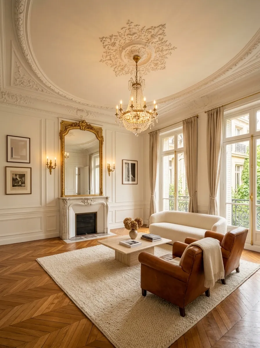 After (AI concept): The same salon with the ceiling rose restored and a crystal chandelier hanging from it, the marble fireplace and gilded mirror kept, white panelled walls with framed prints, linen curtains, a cream curved sofa, two cognac leather armchairs, a travertine coffee table and a wool rug on restored herringbone oak.