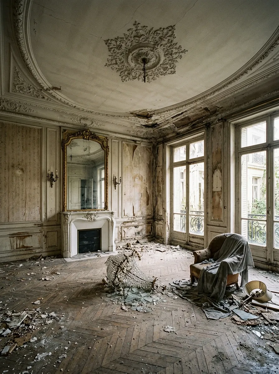 Before (AI concept): Large salon with an ornate ceiling rose and mouldings, a white marble fireplace under a tall gilded mirror, wall sconces, three tall French windows, a fallen crystal chandelier and a torn armchair on herringbone parquet covered in plaster and debris.