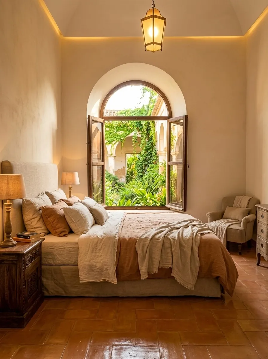After (AI concept): The same room with smooth cream walls and a lit cove, a hanging lantern, a king bed with linen bedding and cushions, wooden bedside tables with lamps and the arched window open onto the courtyard.