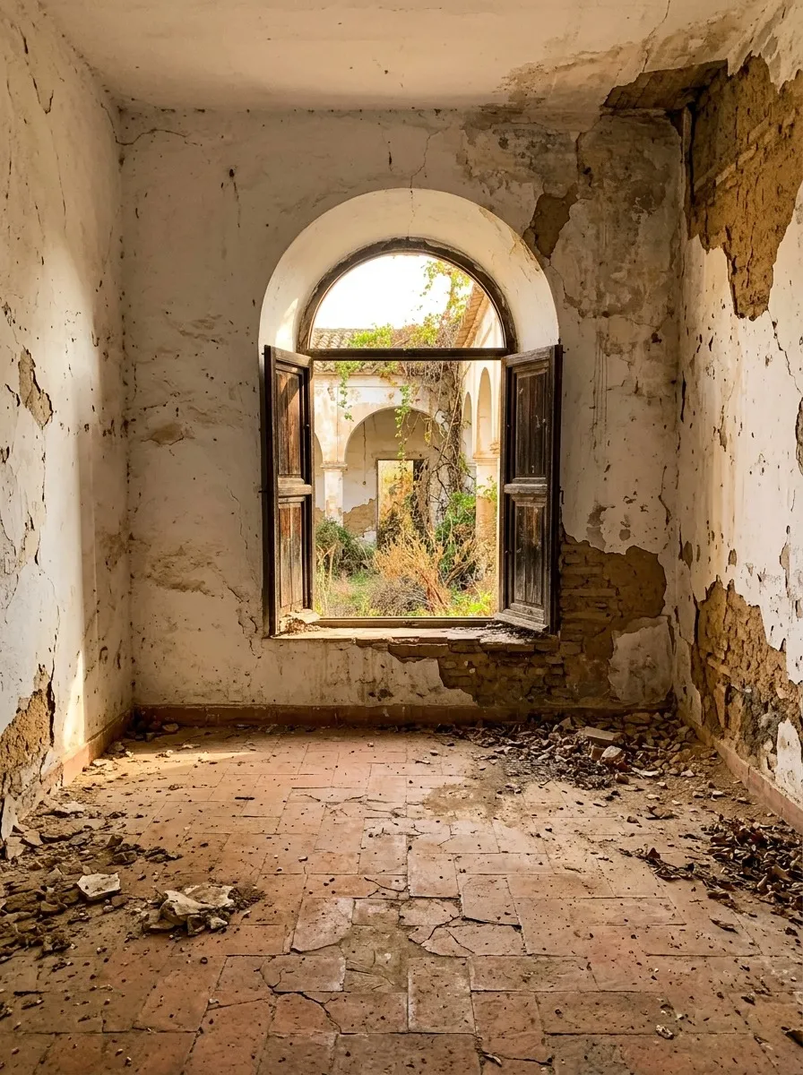 Before (AI concept): An empty room with crumbling plaster walls, a cracked terracotta floor, wooden ceiling beams and an arched window with open shutters looking onto a courtyard.