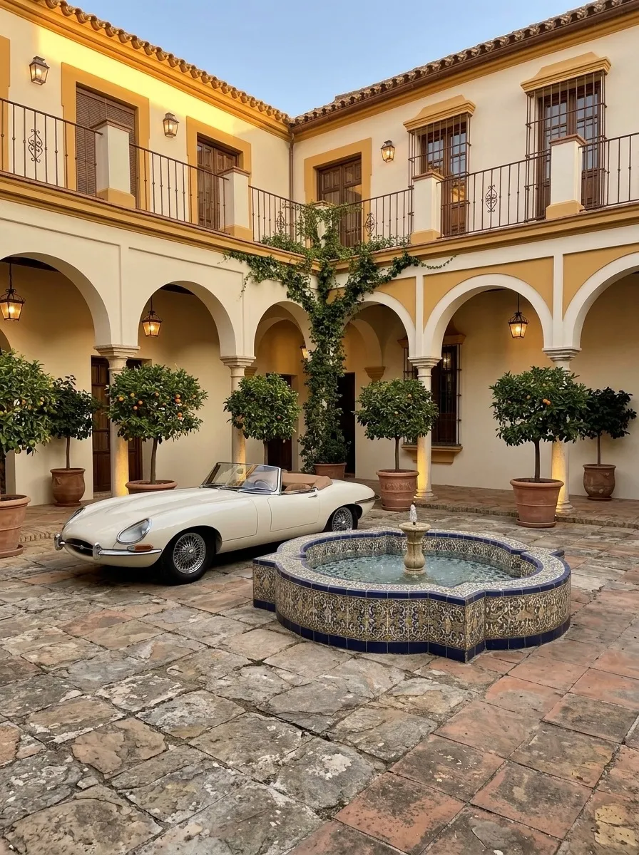 After (AI concept): The same courtyard with clean cream and ochre walls, hanging lanterns, potted orange trees, a tiled fountain with running water and a cream open-top vintage sports car parked beside it.