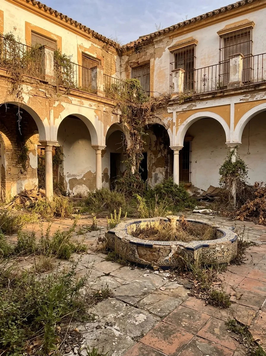 Before (AI concept): A courtyard with two storeys of arches and iron balconies, ivy climbing the columns, a cracked stone floor with weeds and a round dry stone fountain in the middle.