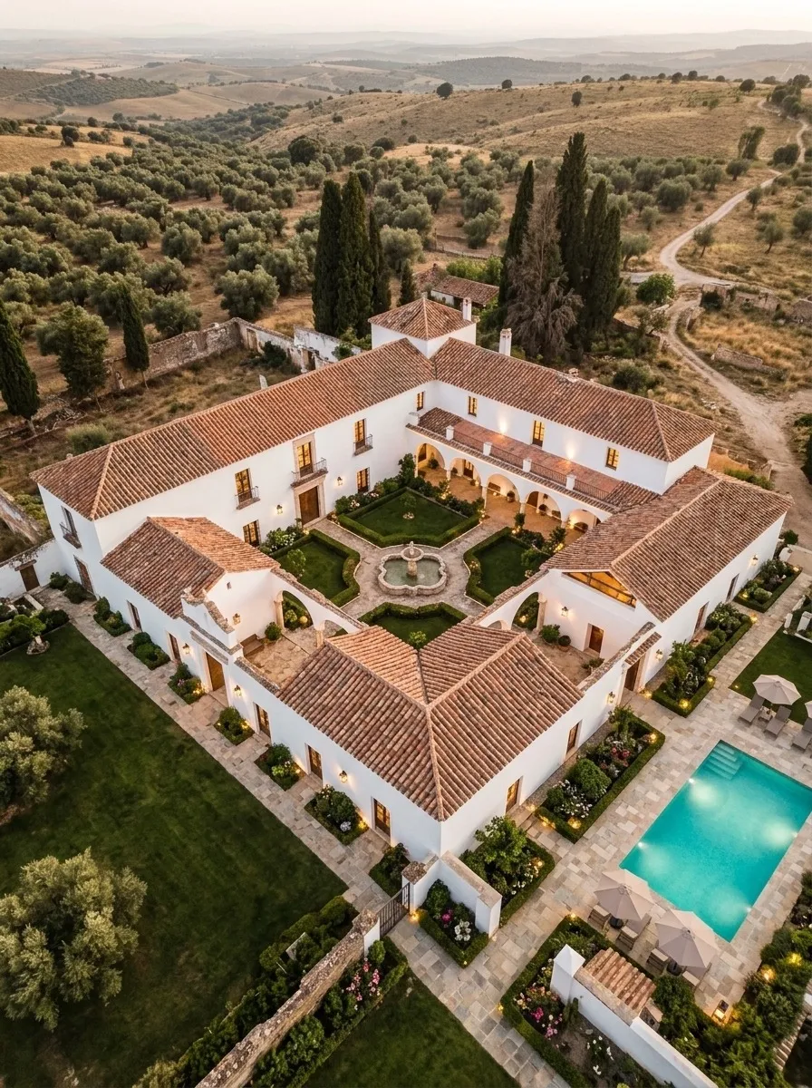 After (AI concept): The same hacienda from the same height with complete terracotta roofs, glowing windows, a clipped formal garden and a fountain in the courtyard, a lawn, stone paving and a turquoise pool at the corner.
