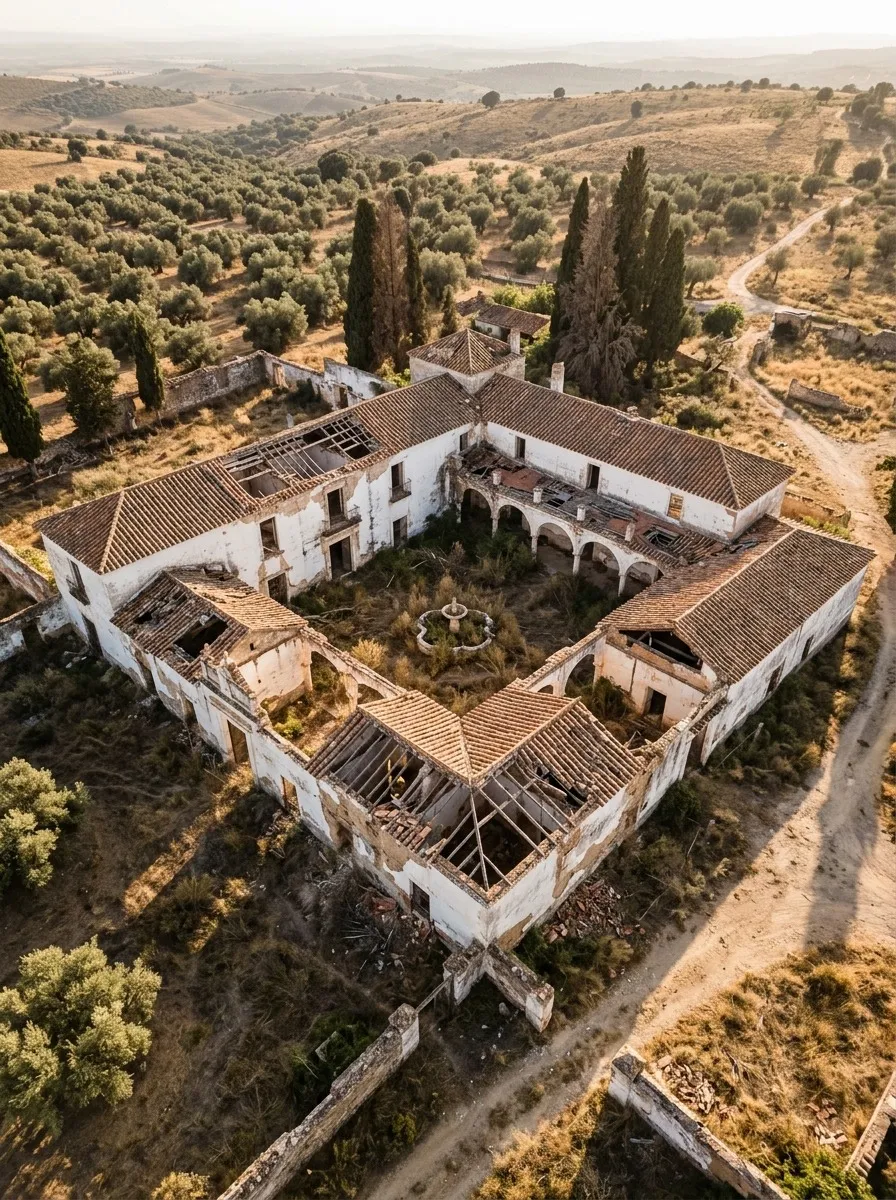 Before (AI concept): Aerial view of a whitewashed hacienda built around a square courtyard, with several roofs collapsed and open to the sky, dry grass and weeds in the courtyard around a small fountain, and olive trees and cypress beyond a dirt track.
