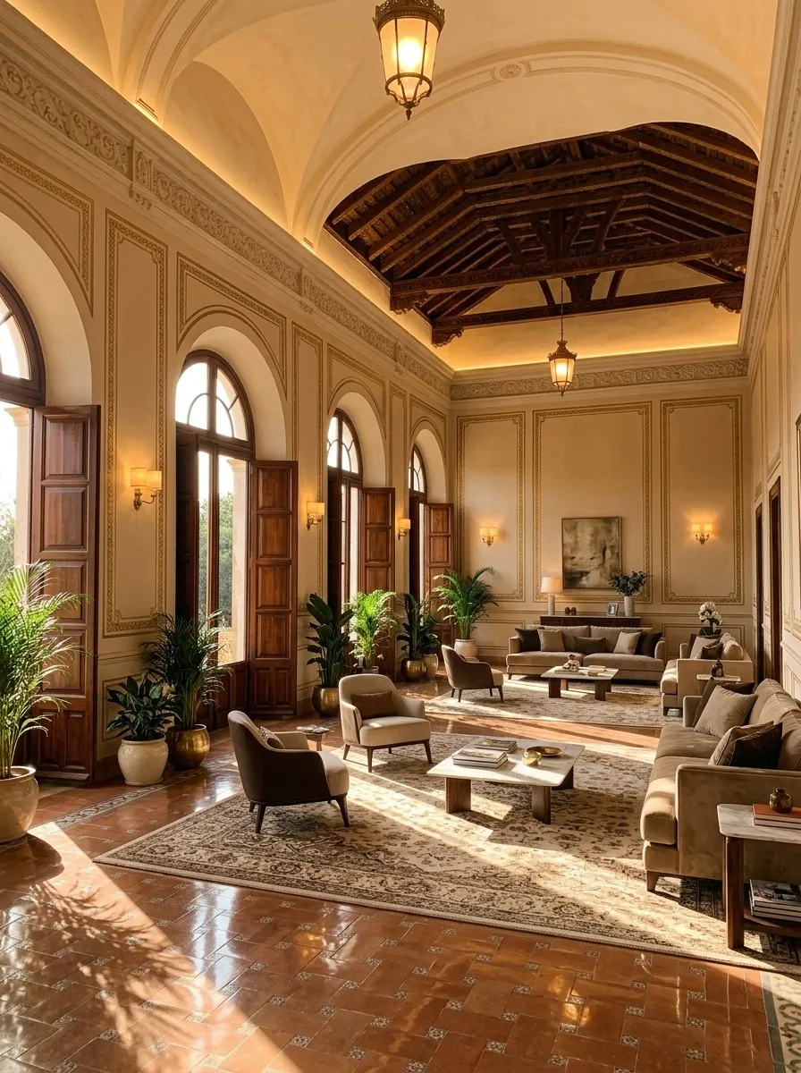 After (AI concept): The same salon with a repaired vault and dark wood beams, hanging lanterns, a large rug, armchairs and sofas around low tables, potted palms and warm light through the arched windows.