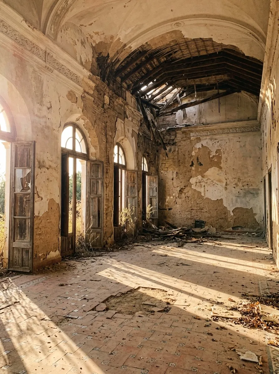 Before (AI concept): A tall vaulted salon with peeling plaster, a collapsed section of the ceiling with burnt beams, tall arched windows with broken shutters and a cracked terracotta floor with fallen debris.