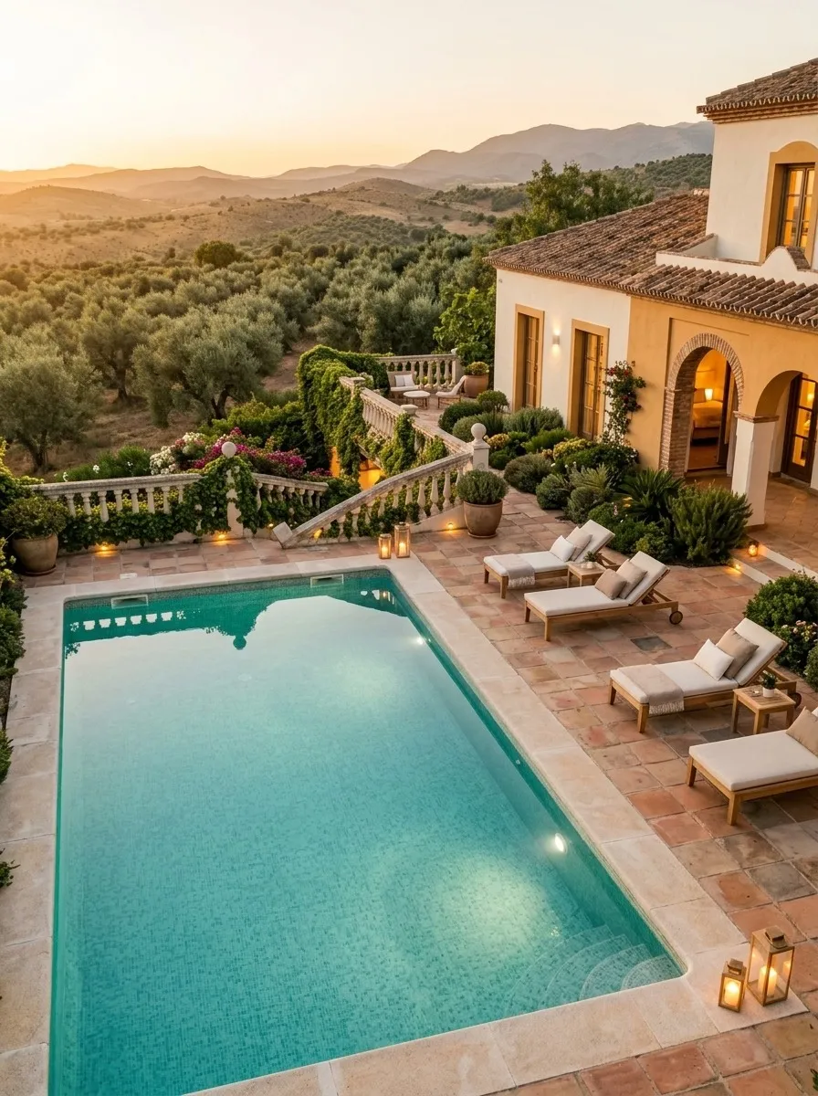 After (AI concept): The same terrace with the pool filled with clear turquoise water, clean stone paving, teak loungers with cushions, small lanterns along the balustrade and manicured planting.