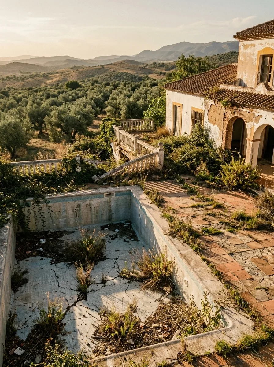Before (AI concept): A terrace at sunset with an empty cracked pool, weeds growing through the paving, a stone balustrade and an olive grove with hills behind, and the corner of the house on the right.