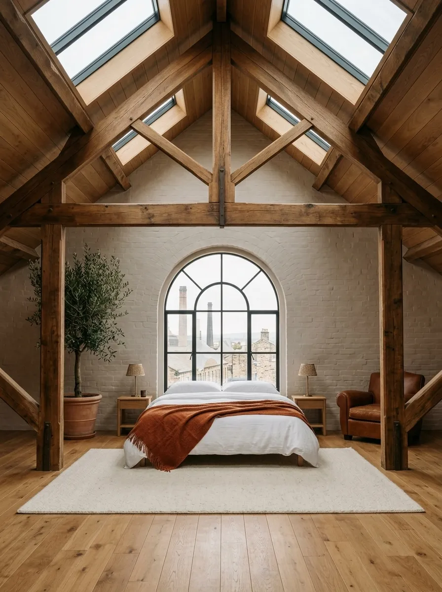 After (AI concept): The same attic with the trusses cleaned, an oak-boarded roof with skylights, limewashed brick, the arched window in black steel, a low bed in white linen with a rust throw under the window, oak bedside tables with lamps, a leather armchair, a cream rug, an olive tree in a terracotta pot and oak floorboards.