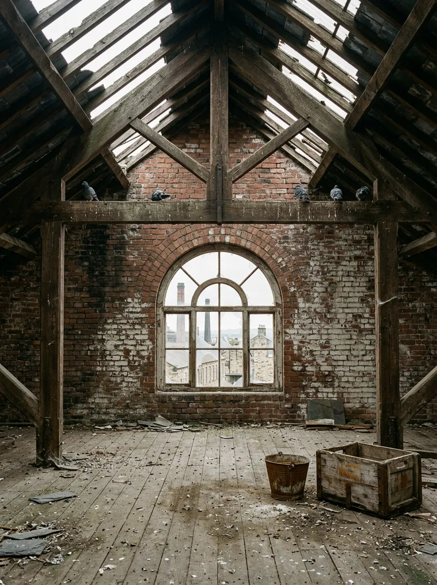 Before (AI concept): The mill's top floor under heavy timber roof trusses with daylight through missing slates, a round-arched window centred in the brick gable looking out on chimneys, pigeons on a beam, a rusty bucket, a wooden crate and fallen slates on a dusty plank floor.