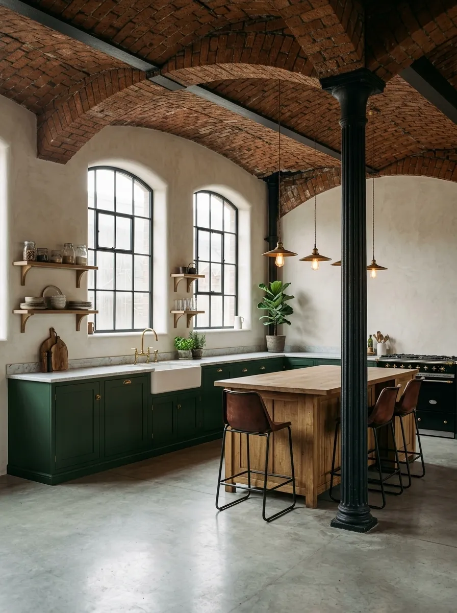After (AI concept): The same corner with cleaned brick vaults, the beams and column painted black, limewashed walls, the windows in black steel frames, deep green shaker cabinets with a white butler sink under the windows, open oak shelves, an oak island with leather stools, a black range cooker, brass pendant lights and a polished concrete floor.